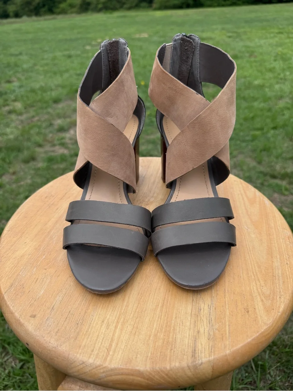 Ladies Audrey Brooke Taupe and Beige Crisscross Block Heel Sandals